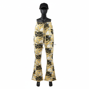Pantalones de Mujer con Corte Acampanado, Tela Elástica Premium de Poliéster de 180 GSM, Estampado Completo en Amarillo y Negro con Logotipo Personalizado por Sublimación - Product Image 1