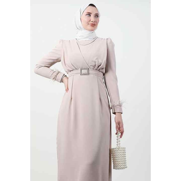 Feather Detail Hijab Dress Light Powder