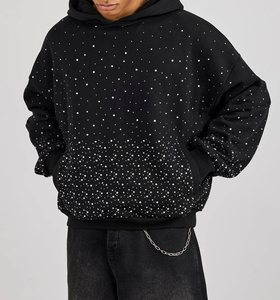 Sweat à capuche en strass 100% coton molletonné, prix d'usine, sweats à capuche et sweat-shirts, sweat-shirt surdimensionné en strass, sweat-shirt uni noir à deux voies - Product Image 4