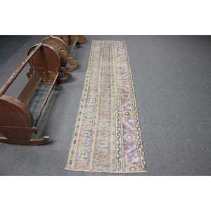 Alfombra Turca Vintage de 2.1x8.7 pies, Alfombra de Lana Azul con Diseño Floral - Product Image 1