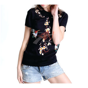 Camiseta de pana vaquera para mujer con logotipo de impresión personalizado de alta calidad con agujero y botón, camiseta de verano Flexible de Material personalizado - Product Image 5