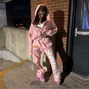 Custom Trendy Hip Hop DTG Print Pattern Winter Sportswear Sweatsuits 400g Heavy Zip <b>Hoodie</b> Sets Rhinestone Tracksuits 100% - Product Image 3