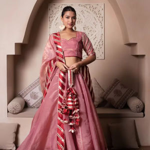 GHAZAL Peach <b>Gota</b> Patti Silk Lehenga Set | Printed Flared Festive Lehenga with Matching Silk Dupatta for Women Ethnic Wear India - Product Image 1