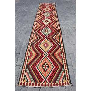 3.2x15.3 ft Rug, Turkish Vintage <b>Runner</b> Rug, <b>Red</b> Kilim Wool Rug - Product Image 1