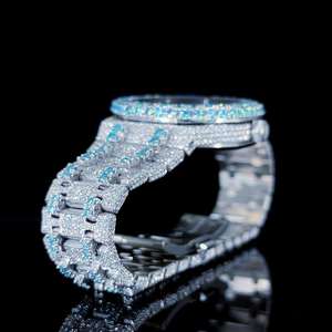 Luxury Antique Hip Hop <b>Wristwatch</b> High Quality Full Crystal Analog Display Blue Moissanite Diamond Accents Date Glass 20mm - Product Image 4