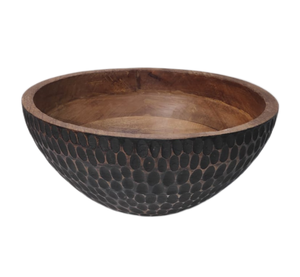 Juego de dos cuencos de madera hechos a mano de 10 y 8 pulgadas, acabado liso, trabajo de tallado a mano, superficie exterior texturizada para fiestas - Product Image 2