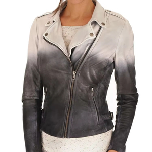เสื้อแจ็คเก็ตหนังสีดำและสีขาวของผู้หญิงหนังแกะแท้ทรงบางพอดีกับผ้านวมแฟชั่นมีสไตล์ - Product Image 1