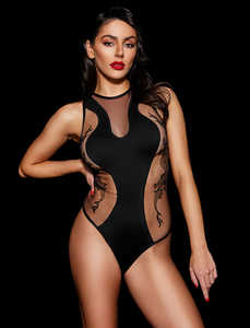 Costume <span class=keywords><strong>sexy</strong></span> pour femmes en maille transparente noire à l'effet élastique, lingerie fétichiste, imprimé dragon, broderie, body teddy - Product Image 2
