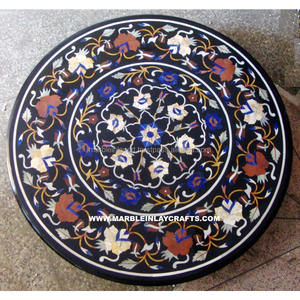 Black Marble Inlay <b>Round</b> <b>Table</b> <b>Top</b> with Glossy Polished Finish 20mm Thick Durable Traditional Design - Product Image 1