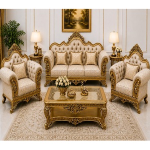 Juego de Sofás de Madera Tallada a Mano Estilo Gran Palacio, Compra Muebles de Sala de Estar Color Marrón con Tapicería Acolchada, Sofá Premium con Mesa de Centro - Product Image 4