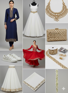 Broderie indienne traditionnelle de luxe exquise, faite à la main, avec des miroirs, des travaux de zari, des dentelles décoratives pour les mariages ethniques - Product Image 3