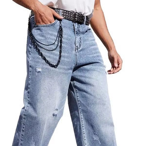 Baggy pour homme, pantalon droit, léger, mi-ample, jambe large, style hip hop, déchiré, décontracté, style streetwear - Product Image 1