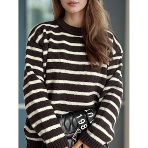 Maglione Casual da Donna a Righe con Collo Tondo e Maniche Lunghe, Design alla Moda Coreana con Logo Frontale, Traspirante per la Stagione Autunno/Inverno - Product Image 5
