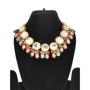 Multicolor Kundan Necklace Set with <b>Earrings</b> Beaded and <b>Studded</b> Gold Plated Fine Bridal Jewelry for Ladies for Wedding - Product Image 3