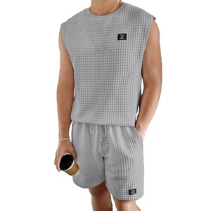 Mens Sleeveless Printed T Shirt Shorts <b>Set</b> Waffle <b>Knit</b> Summer Two Piece Outfit Breathable Lightweight Casual Loungewear - Product Image 1
