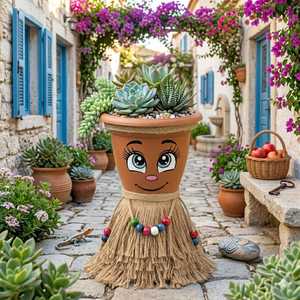 Handmade Bohemian Decorative Flower Pot Cute Face Design Jute Tassel Beaded <b>Planter</b> Indoor Outdoor Gift Pot - Product Image 3