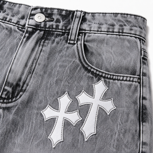Pantalones Cortos Vaqueros Personalizados con Estampado Cruzado para Hombre, Estilo Vintage Lavado, Holgados, Streetwear, OEM ODM, Marca Privada, Venta al por Mayor - Product Image 6