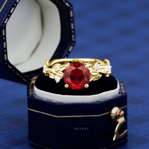 Anillo de compromiso de plata 925 de rubí cultivado en laboratorio de corte redondo, diseño de hoja de estilo británico, anillo hecho a mano, opción de reemplazo de piedras preciosas - Product Image 5