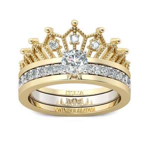 Jeulia Two Tone <b>Crown</b> Round Cut Sterling Silver Wedding <b>Ring</b> Set with Zircon - Product Image 1
