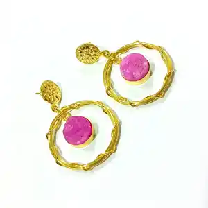 Hot Sale Of Wired Brass 14 kt Plated Druggy Stone Earrings Latest Single Stone Earrings Buy From Indian Supplier