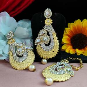 Ensemble Kundan Maang Tikka de ton or véritable amélioré avec boucles d'oreilles à la mode, tenue décontractée esthétique royale - Product Image 2