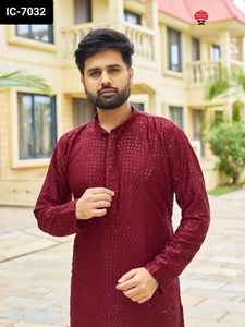 Vêtements ethniques indiens Prêt à porter Premium Rayon Men's Wear Kurta avec broderie et paillettes Work et Raymond Cotton Pyjama - Product Image 4