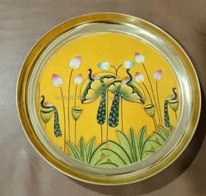 Artisanat imprimé en laiton moderne Thali mariage bienvenue porcelaine plateau fête retour cadeau laiton Pooja article avec sculpture - Product Image 3