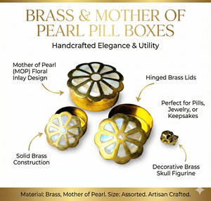 Handcrafted Classic Brass Round Pill <b>Box</b> with Mother of Pearl Inlay Floral Design <b>Small</b> Container for Medicine Jewelry <b>Storage</b> - Product Image 2