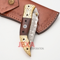 Couteau de survie multifonction pliable Jexa Pocket, acier Damas, manche en laiton, compact, léger, durable, capacité 2L