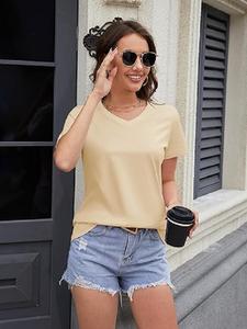 Camiseta de Manga Corta para Mujer, Cuello en V, Color Albaricoque Claro, 100% Algodón, Corte Regular, Directo de Fábrica, Precio desde Bangladesh - Product Image 4