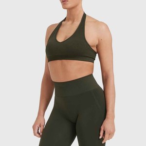 Women <b>Halter</b> <b>Neck</b> Sports <b>Bra</b> Solid Color Seamless Medium Support Yoga Fitness Wear Breathable Quick Dry Spandex Polyester - Product Image 2