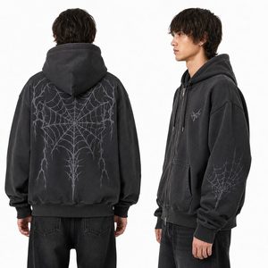 Felpa con Cappuccio <span class=keywords><strong>e</strong></span> Zip Personalizzata con Stampa <span class=keywords><strong>Ragnatela</strong></span> Nera, in Poliestere/Cotone Felpato, Oversize, Stile Streetwear - Product Image 3