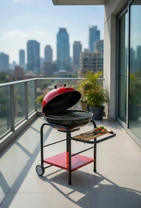 Dorello Red Charcoal Steel <b>BBQ</b> Grill with Lid Side <b>Table</b> Wheels Outdoor Patio Garden Grill - Product Image 3