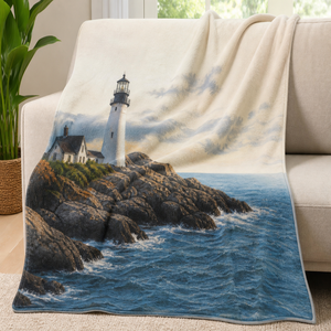 Custom Printed <b>Throw</b> Blanket Personalized Coastal Lighthouse Gift Sublimation Flannel Fleece Polyester - Product Image 1