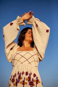 Flared Hem Solid Cotton Washable <b>Dress</b> with Embroidery Smockwork Natural Waistline Eco-Friendly Outdoor <b>Style</b> Maxi ODM Supply - Product Image 5