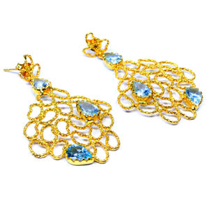 Boucles d'oreilles créatrice en argent sterling 925 plaqué or avec topaze bleue et pierres précieuses suspendues pour femmes. - Product Image 1