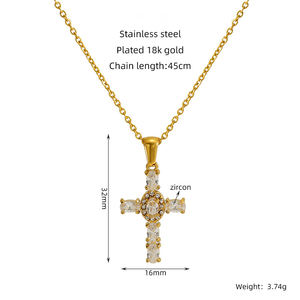 Collar con Colgante de Cruz de Acero Inoxidable Chapado en Oro de 18K Tempusort, Collar Religioso Impermeable con Circonita, Venta al por Mayor - Product Image 5