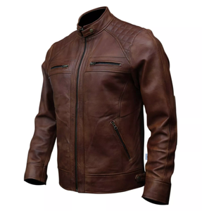 แจ็กเก็ตหนังแกะแท้สำหรับผู้ชายสีดำน้ำตาลสำหรับนักแข่งรถคาเฟ่นักขี่จักรยาน - Product Image 2