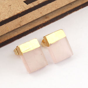 Pendientes de tuerca de oro medio amarillo electrochapado, piedra preciosa de cuarzo rosa Natural, diseño creativo - Product Image 5