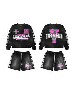 Ensemble deux pièces de t-shirts et de shorts graphiques avec impression de logo personnalisée, ensemble d'été de chemises et de shorts de 2 pièces, survêtement lavé à l'acide pour hommes - Product Image 1