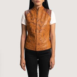 Chaleco Largo de Cuero Genuino Bordado Westina para Mujer, Relleno de Algodón Tejido, Decoración de Piel, Abotonado - Product Image 1