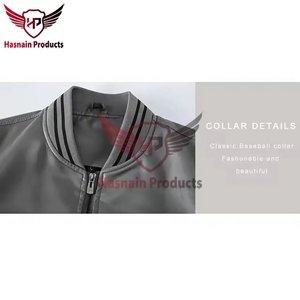 Blouson Bomber Homme en Cuir Véritable Gris, Col Montant, Manteau en Cuir de Vachette avec Bordure en Tricot Côtelé Rayé, Style Classique Personnalisé, Vêtement d'Extérieur Chaud pour l'Hiver - Product Image 5
