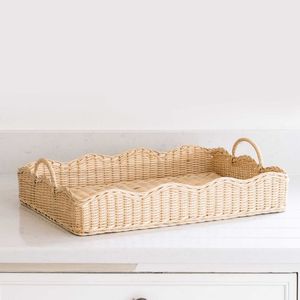 Modern <b>Rectangular</b> Woven Fruit Storage <b>Basket</b> Quality Plastic Food Container with Rattan Serving Tray for Home Kitchen Display - Product Image 2