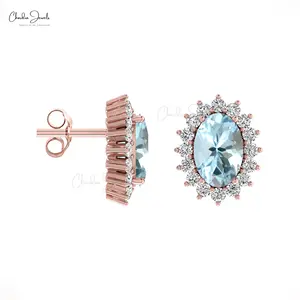 天然海蓝宝石耳环g-h彩色钻石光环耳环14k纯金珠宝工厂价格批发商来自印度