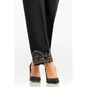 Pantalon en crêpe de soie brute 100% noir, taille haute, anti-plis, brodé TR-24-24 - Product Image 2