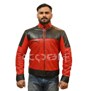Blouson en cuir véritable rouge et noir pour homme, style motard avec empiècements contrastants, col montant et fermeture éclair de qualité supérieure - Product Image 5