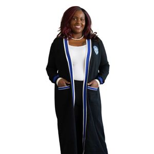 <span class=keywords><strong>Cardigan</strong></span> <span class=keywords><strong>lungo</strong></span> in maglia nera con stemma della sorellanza elegante abbigliamento greco per convegni e incontri formali - Product Image 1