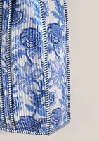 Sac fourre-tout en coton bleu et blanc à motifs floraux, imprimé à la main, sac de shopping matelassé, sac de plage, sac de voyage, sac de tous les jours, élégant, réutilisable, pour femme