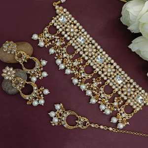 Bijoux indiens Collier ras du cou Maang Tikka Boucles d'oreilles Bollywood Mariage Cristal Kundan Collier Boucles d'oreilles Tête Chaîne Ensemble - Product Image 2