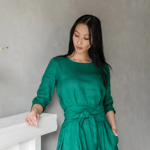 Vestido LARGO DE LINO pesado de color verde oscuro para mujer, con cinturón, manga larga, estilo bohemio, talla grande, lino tejido teñido liso - Product Image 1